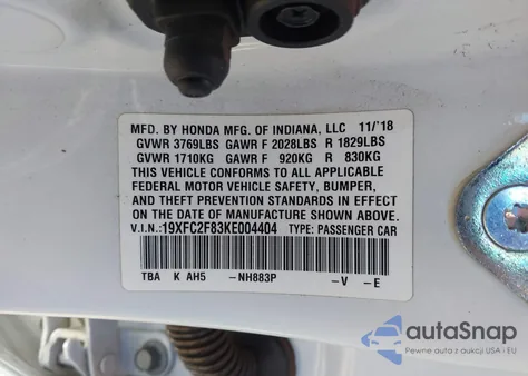 2019 Honda Civic Sport из США, поврежденный, VIN 19XFC2F83KE004404